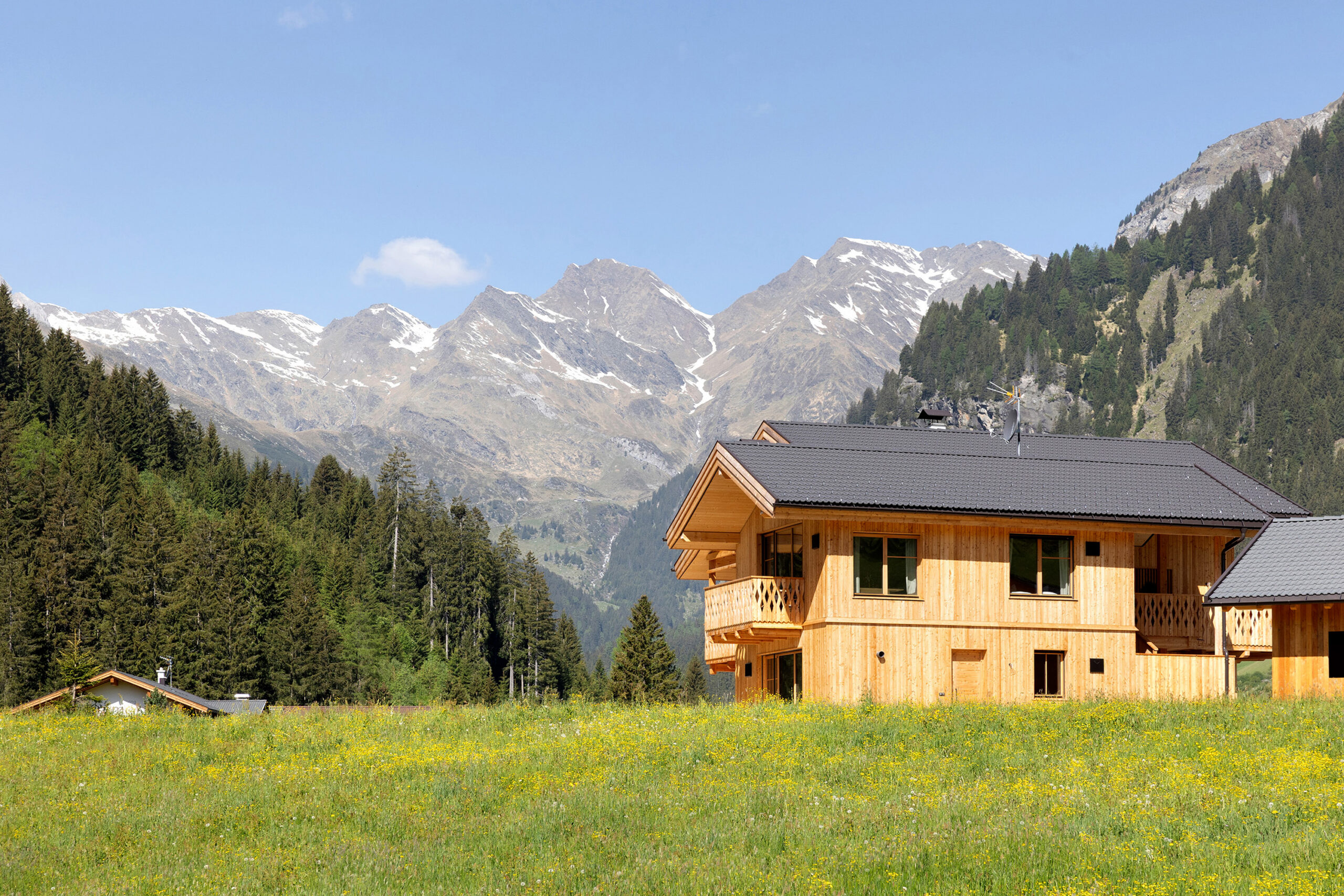 Ein Holzhaus mit einem grauen Dach steht auf einer grünen Wiese, umgeben von Bäumen und Wildblumen, mit schneebedeckten Bergen im Hintergrund unter einem klaren blauen Himmel.
